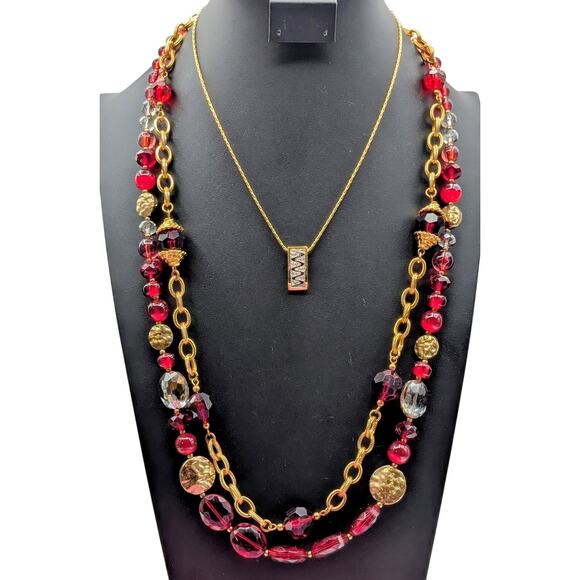 Lot of Three Coordinating Gold Tone & Red Bead Necklaces - Picture 1 of 7